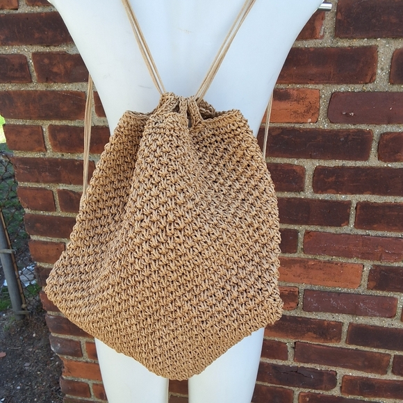 Tan Woven Paper Raffia Drawstring Backpack - Picture 3 of 15